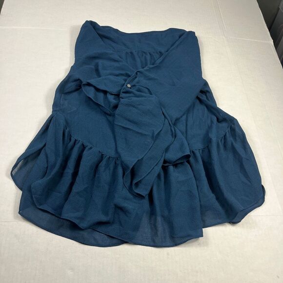 Max Studio Henley Peplum Blouse Blue Ruffled Bell Sleeve Peasant Flowy Shirt L - Picture 9 of 10